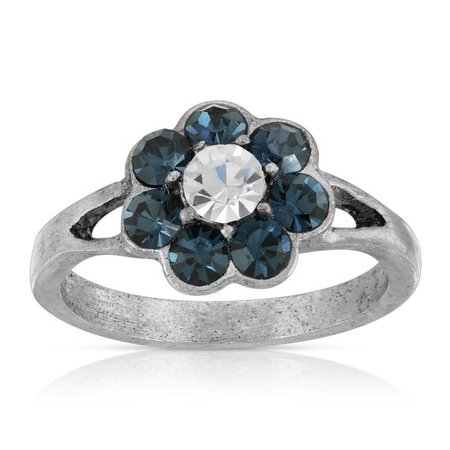 Pewter Clear and Dark Blue Crystal Flower Ring
