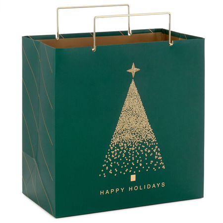 7.7" Gold Ombré Tree on Green Medium Square Christmas Gift Bag