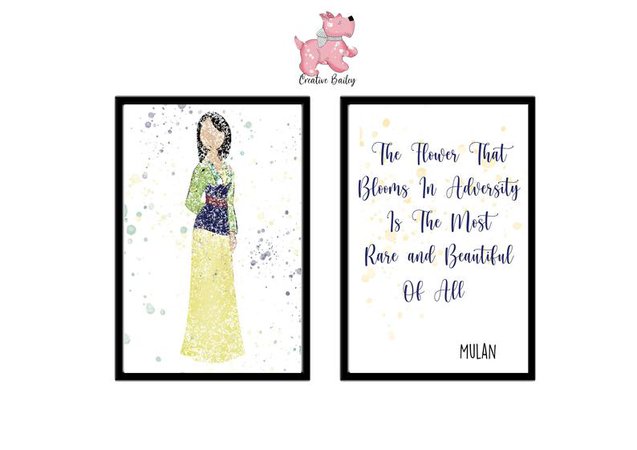 Mulan Pack of 2 Disney Princess Illustration and Quote | Etsy