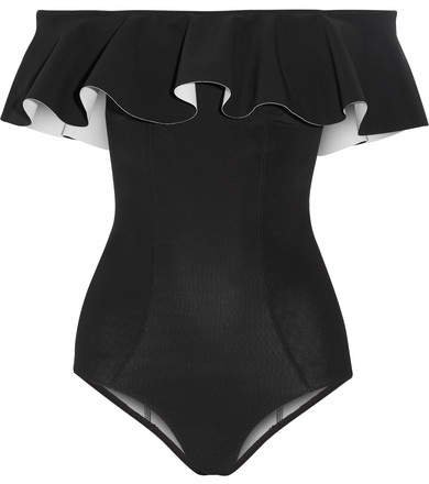 Mira Off-the-shoulder Ruffled Bonded Swimsuit - Black