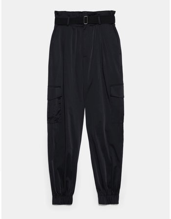 Zara satin black cargo belted jogger pants