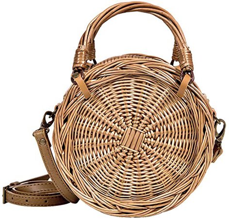 Lefur Rattan Bag Handmade Wicker Circle Woven Purse Round Straw Handbag for Women Crossbody Bag with Shoulder Leather Strap
