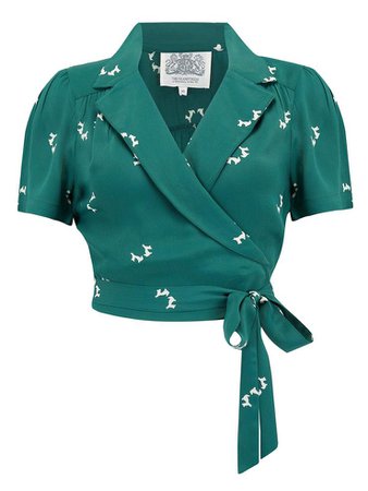 "Greta" Wrap Blouse in Vintage Green with Doggy Print by The Seamstres – Rock n Romance