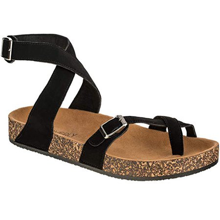 Amazon.com | CLOVERLY Women's Sandals Slip On Ankle Wrap Cork Sole Footbed Platform Slide Sandal with Buckle | Flats