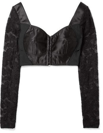 Cropped Satin, Stretch-knit And Lace Bustier Top - Black
