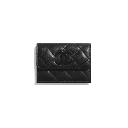 Grained Calfskin & Lacquered Metal Black Small Flap Wallet | CHANEL