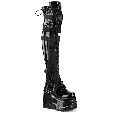 DEMONIA "Wave-315" Over-the-knee Boots - Black Stretch Patent – Demonia Cult