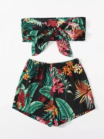 green Tie Front Tropical Print Tube Top & Shorts Set | SHEIN USA