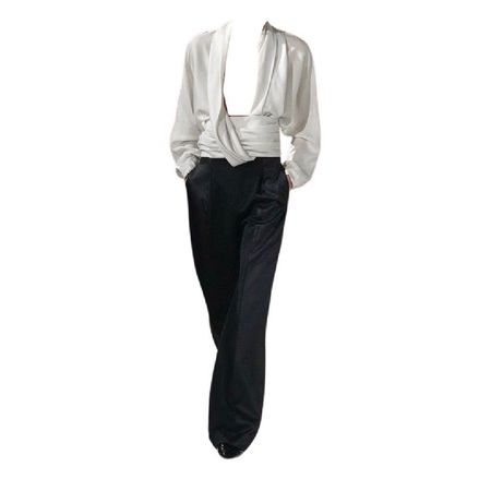 white silk low neck dress shirt black pants shoes full outfit png