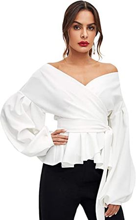 SheIn Women's Long Sleeve V Neck Ruffle Blouse Off Shoulder Tie Waist Wrap Tops at Amazon Women’s Clothing store