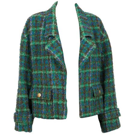 $2048.09 Chanel Green and Blue Tweed Boucle Oversized Jacket