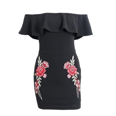 Off Shoulder ruffle dress Flower embroidery bodycon Dress Summer – Crystalline