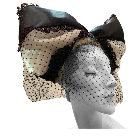 Torso Creations Black and White Bow Headband W/ Dotted Veiling For Sale at 1stDibs