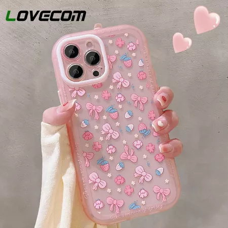 Ins Spring Pink Flower Strawberry Phone Case For iPhone 13 Pro Max 12 11 Pro Max XS Max XR X Fundas Lens Protect Soft TPU Cover| | - AliExpress