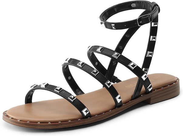 Amazon.com | DREAM PAIRS Women's DFS211-NEW Studded Gladiator Strappy Flat Sandals with Ankle Strap Open Toe for Summer Size 6 Nude | Flats