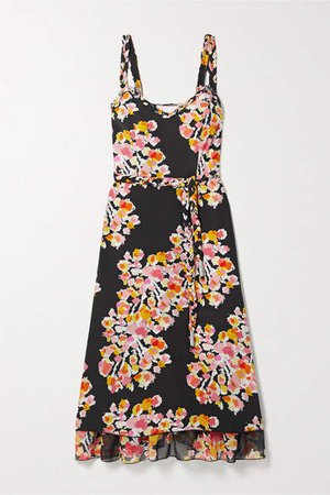 Dyvna DYVNA - Belted Floral-print Silk-crepe Midi Dress - Black