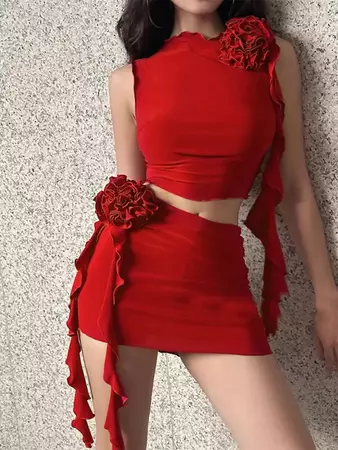 Women's Sexy Rosette Design Ruffle Mini Bodycon Two Piece Dress Skirt Set In RED | ZAFUL 2024