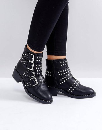 Glamorous Black Studded Buckle Flat Ankle Boots | ASOS