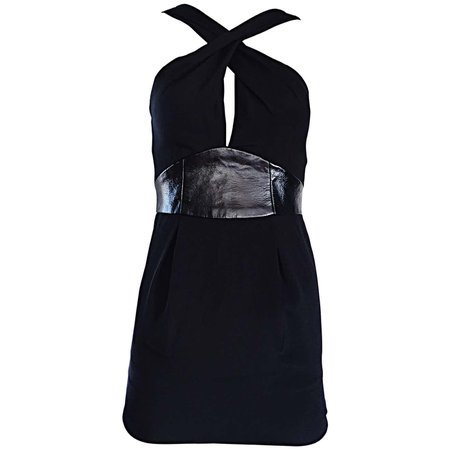 2000s Badgley Mischka Size 0 Black Jersey + Leather Sexy Cut Out Mini Dress For Sale at 1stDibs