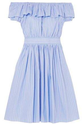 Off-the-shoulder Ruffled Striped Cotton-poplin Dress