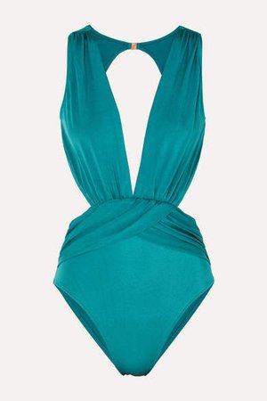 Oye Swimwear OYE Swimwear - Elvira Daring Ruched Cutout Swimsuit - Teal