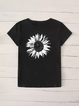 Sunflower Print Round Neck Tee | SHEIN USA