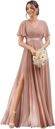 Amazon.com: Women's Flutter Sleeves Bridesmaid Dresses 2024 Split Long Chiffon Pleated V Neck Formal Party Dress with Pockets DE03 : Clothing, Shoes & Jewelry