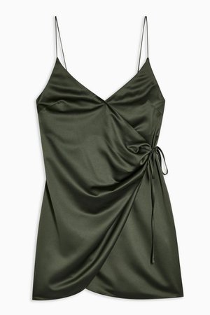 Olive Satin Wrap Slip Dress | Topshop