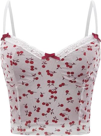 SOLY HUX Women's Cherry Print V Neck Summer Cami Top Bow Lace Trim Sleeveless Summer Crop Tops Red and White S at Amazon Women’s Clothing store