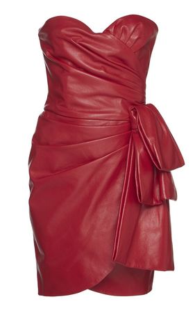 dundas strapless red leather gathered mini dress