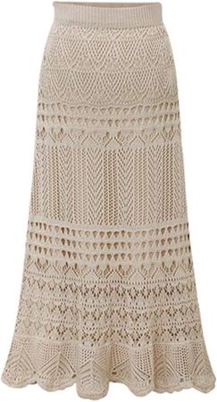 chouyatou Women's Stretched High Waist Crochet Hollow Out Knit Flowy Patterned Lace Maxi Skirt (XX-Large, Beige) at Amazon Women’s Clothing store