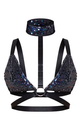 Black Sequin Harness Detail Bralet | Tops | PrettyLittleThing USA