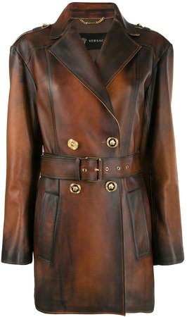belted distressed-leather coat