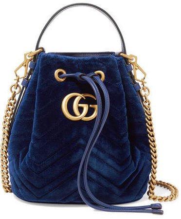 Gg Marmont Leather-trimmed Quilted Velvet Bucket Bag - Blue