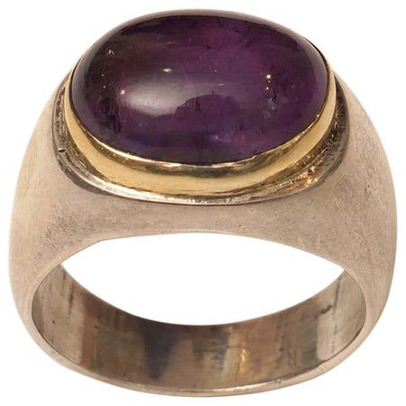 Cabochon Amethyst 18 Karat Gold and Sterling Silver Ring For Sale at 1stDibs
