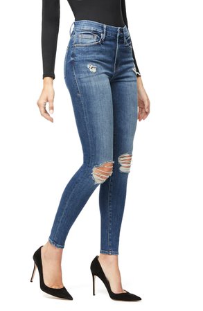 Good American Good Waist Distressed Snake Pocket Bag Skinny Jeans (Blue322) (Regular & Plus Size) | Nordstrom