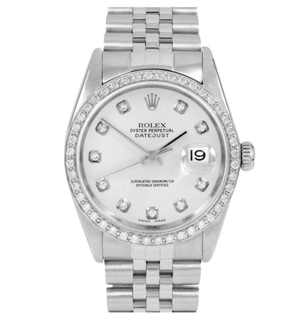 vintage 80s Rolex Mens Dateiust Silver Diamond Dial Diamond Bezel Jubilee Watch