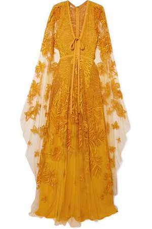 Elie Saab | Cape-effect embellished tulle gown | NET-A-PORTER.COM