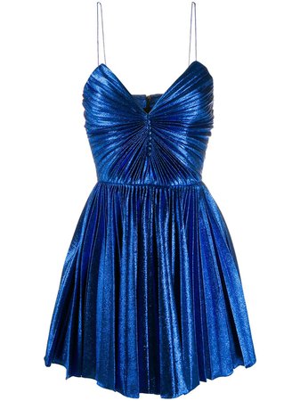 Blue Saint Laurent Pleated Lamé Mini Dress | Farfetch.com