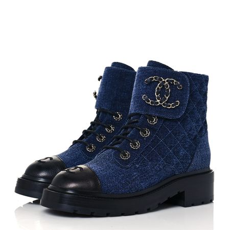 CHANEL Shiny Calfskin Velvet Quilted Lace Up Combat Boots 36 Blue Black 1063557 | FASHIONPHILE
