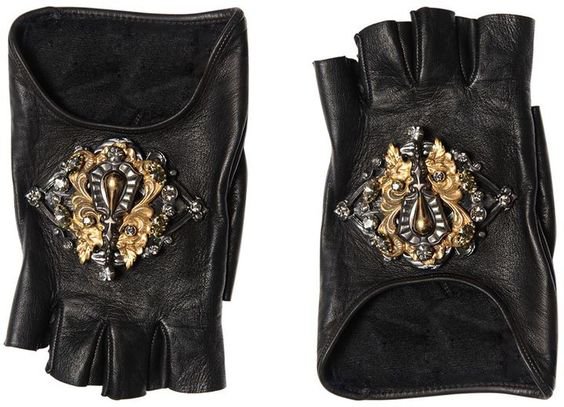 Embellished Leather Fingerless Gloves