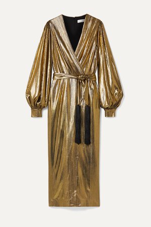 Gold Belted wrap-effect lamé midi dress | Borgo de Nor | NET-A-PORTER