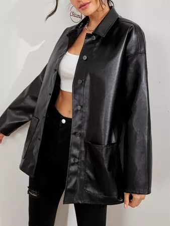 Button Front Drop Shoulder PU Leather Coat | ROMWE USA
