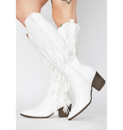 Crocodile Fringe Knee High Cowboy Boots - White | Dolls Kill