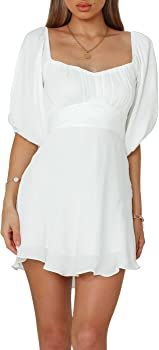 Merzhiiry Women White Balloon Puff Sleeve Square Neck Ruffle Off-The-Shoulder A-Line Mini Dress Boho Wrap Skater Flowy Swing Cute Sun Short Dress Spring Summer Casual Party Birthday Sundress at Amazon Women’s Clothing store