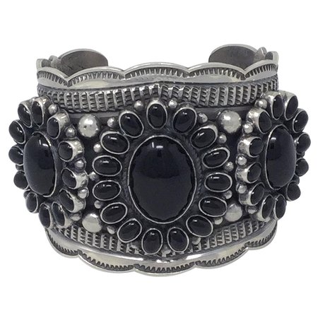 Andy Cadman Navajo Handmade Silver Black Onyx Cluster Bracelet