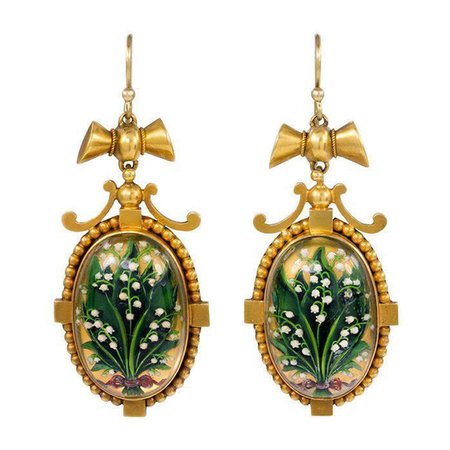 Antique Painted Reverse Crystal Gold Lily-of-the Valley Motif Earrings at 1stDibs