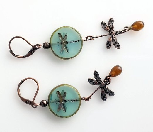 Pretty Aqua Etched Glass Turquoise Dragonfly Earrings Copper | Etsy