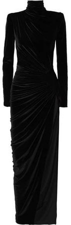 Gathered Velvet Maxi Dress - Black