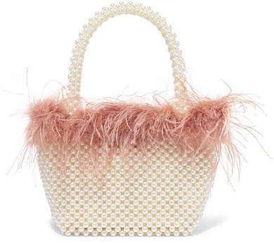 Mina Small Feather-trimmed Faux Pearl Tote - White
